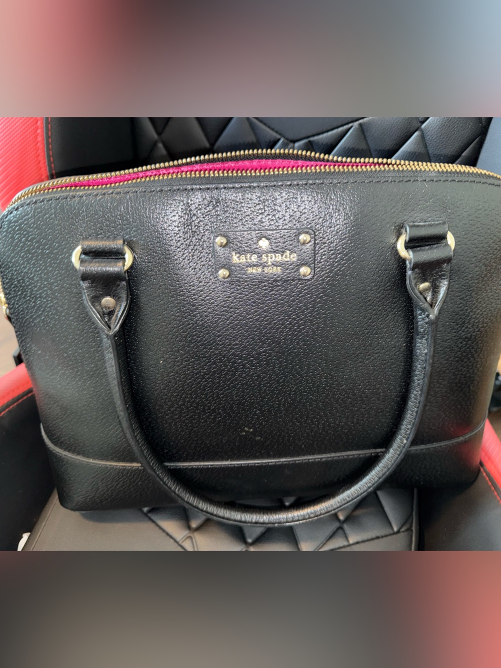 kate spade Black Pebbled Leather Dome Satchel with Pink Interior Trim